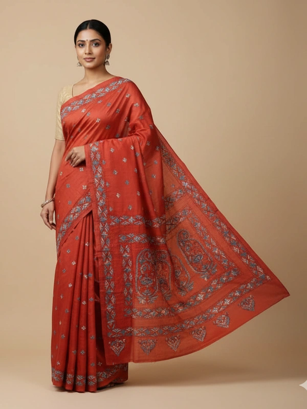SKU0898 : Pure Silk Kantha Stitch Saree – Handcrafted Bengal - Kantha Stitch, Dry Clean Only, Yes