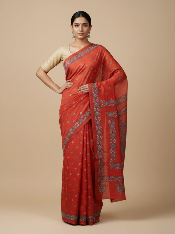 SKU0898 : Pure Silk Kantha Stitch Saree – Handcrafted Bengal - Kantha Stitch, Dry Clean Only, Yes