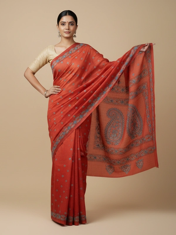SKU0898 : Pure Silk Kantha Stitch Saree – Handcrafted Bengal - Kantha Stitch, Dry Clean Only, Yes