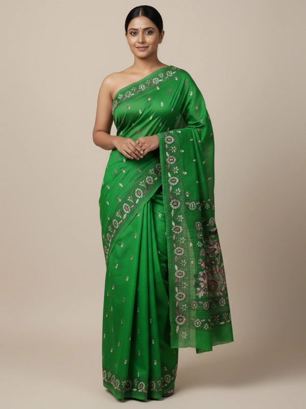 SKU0901 : Pure Silk Kantha Stitch Saree – Handcrafted Bengal - Kantha Stitch, Dry Clean Only, Yes