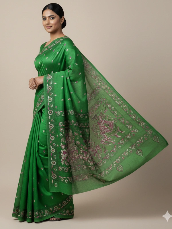 SKU0901 : Pure Silk Kantha Stitch Saree – Handcrafted Bengal - Kantha Stitch, Dry Clean Only, Yes