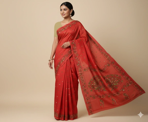 SKU0903 : Pure Silk Kantha Stitch Saree – Handcrafted Bengal - Kantha Stitch, Dry Clean Only, Yes