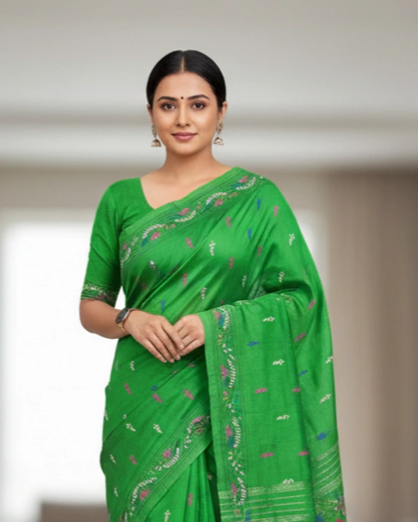 SKU0904 : Pure Silk Kantha Stitch Saree – Handcrafted Bengal - Kantha Stitch, Dry Clean Only, Yes