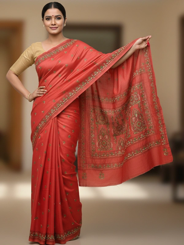 SKU0905 : Pure Silk Kantha Stitch Saree – Handcrafted Bengal - Kantha Stitch, Dry Clean Only, Yes