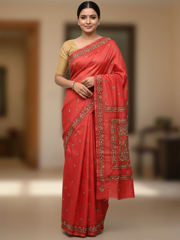 SKU0905 : Pure Silk Kantha Stitch Saree – Handcrafted Bengal - Kantha Stitch, Dry Clean Only, Yes