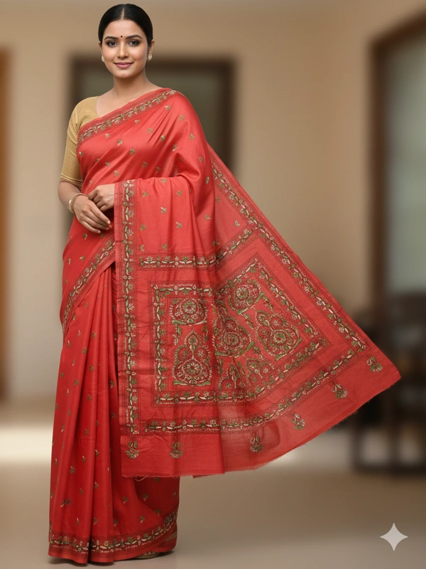 SKU0905 : Pure Silk Kantha Stitch Saree – Handcrafted Bengal - Kantha Stitch, Dry Clean Only, Yes