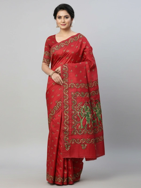 SKU0906 : Pure Silk Kantha Stitch Saree – Handcrafted Bengal - Kantha Stitch, Dry Clean Only, Yes