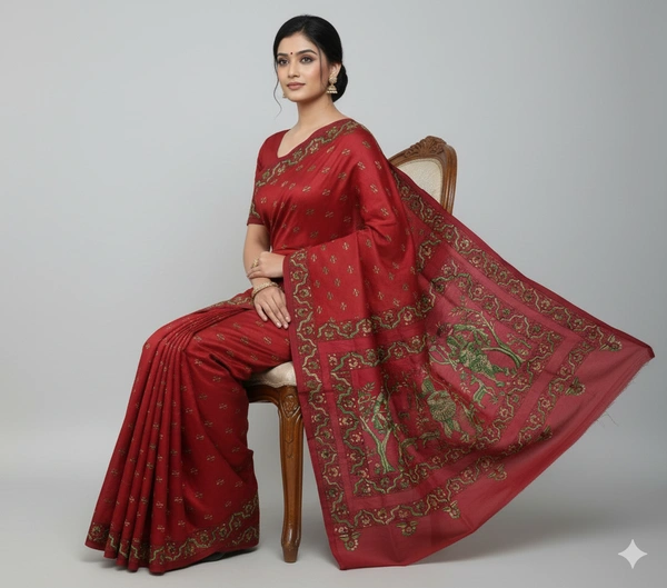 SKU0906 : Pure Silk Kantha Stitch Saree – Handcrafted Bengal - Kantha Stitch, Dry Clean Only, Yes