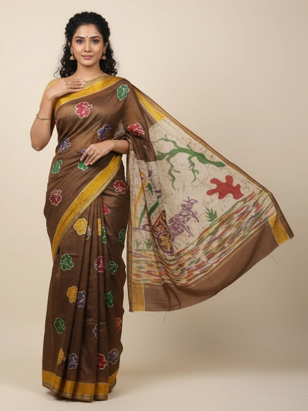 SKU0909 : Pure  Chanderi Silk – Hand Batik Bengal Traditional  - Dry Clean Only, Yes