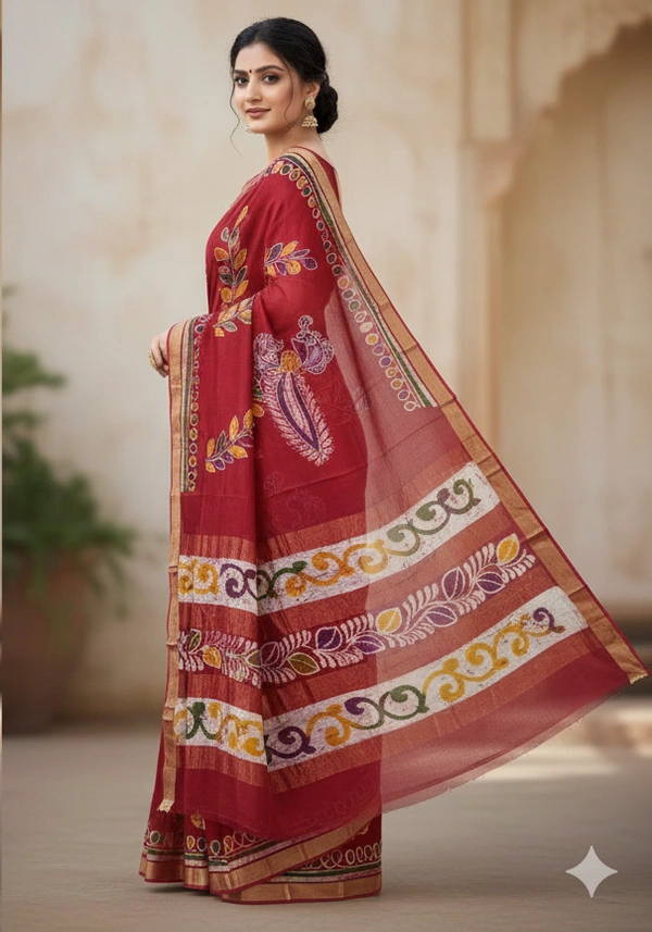 SKU0910 : Pure Chanderi Silk – Hand Batik Bengal Traditional - Dry Clean Only, Yes