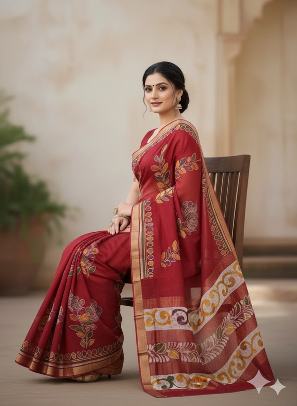 SKU0910 : Pure Chanderi Silk – Hand Batik Bengal Traditional - Dry Clean Only, Yes