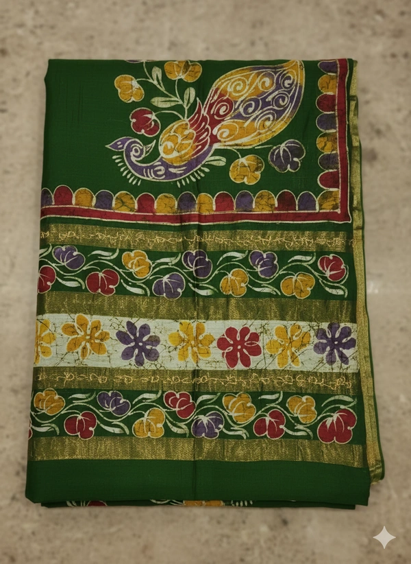 SKU0914 : Pure  Chanderi Silk – Hand Batik Bengal Traditional - Dry Clean Only, Yes