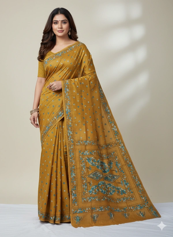 SKU0892 : Pure Silk Kantha Stitch Saree – Handcrafted Bengal - Kantha Stitch, Dry Clean Only, Yes