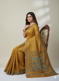 SKU0892 : Pure Silk Kantha Stitch Saree – Handcrafted Bengal - Kantha Stitch, Dry Clean Only, Yes