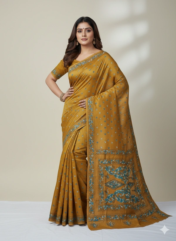 SKU0892 : Pure Silk Kantha Stitch Saree – Handcrafted Bengal - Kantha Stitch, Dry Clean Only, Yes