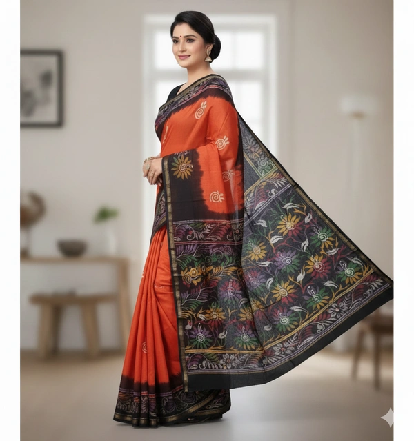 SKU0915 : Pure  Chanderi Silk – Hand Batik Bengal Traditional - Dry Clean Only, Yes