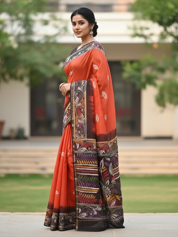 SKU0919 : Pure  Chanderi Silk – Hand Batik Bengal Traditional - Dry Clean Only, Yes