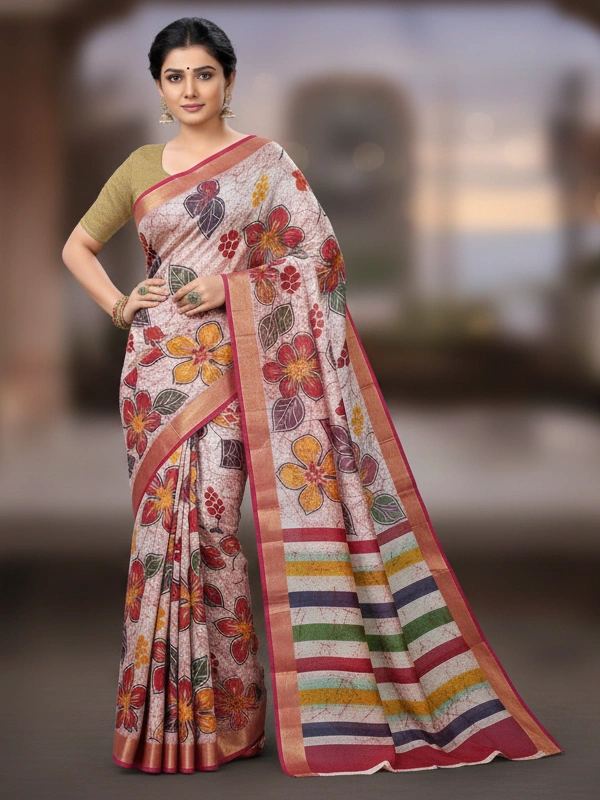 SKU0959 : Pure Chanderi Silk – Hand Batik Bengal Traditional - Dry Clean Only, Yes