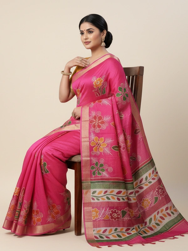 SKU0921 : Pure Chanderi Silk – Hand Batik Bengal Traditional - Dry Clean Only, Yes