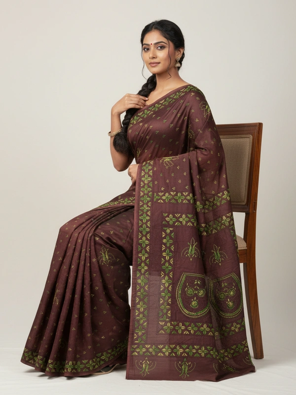 SKU0893 : Pure Silk Kantha Stitch Saree – Handcrafted Bengal - Kantha Stitch, Dry Clean Only, Yes