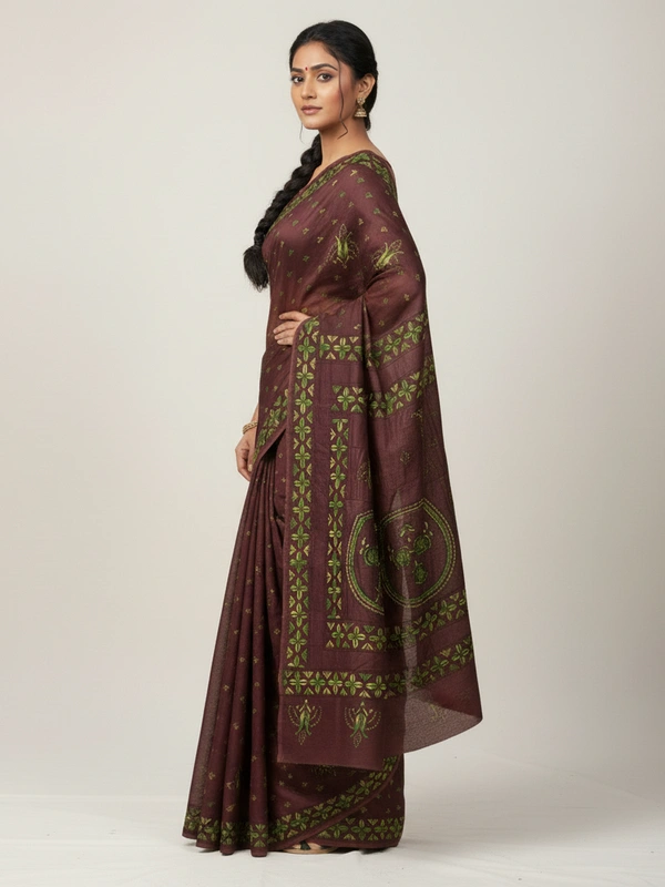 SKU0893 : Pure Silk Kantha Stitch Saree – Handcrafted Bengal - Kantha Stitch, Dry Clean Only, Yes