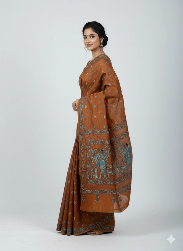 SKU0894 : Pure Silk Kantha Stitch Saree – Handcrafted Bengal - Kantha Stitch, Dry Clean Only, Yes