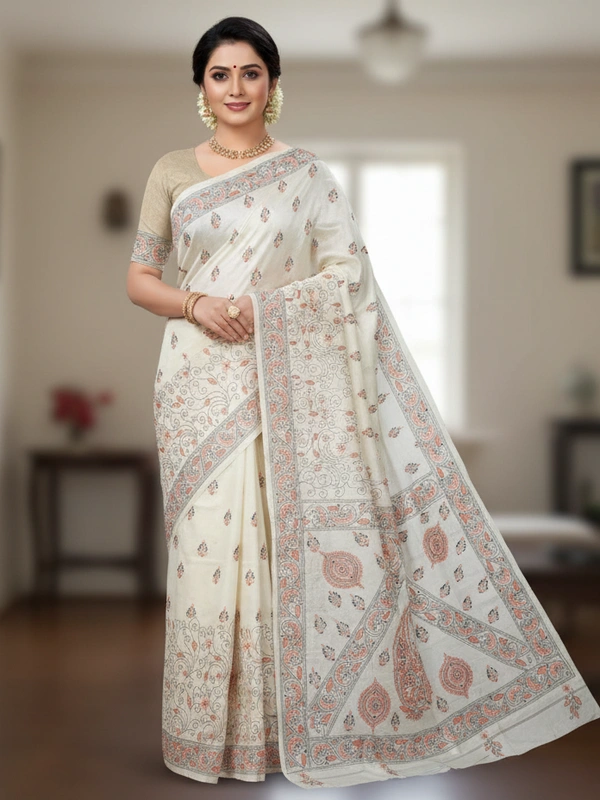 SKU0933 : Elegant Pure Tussar Saree – Handwoven | Kantha Stitch - Kantha Stitch, Dry Clean Only, Yes