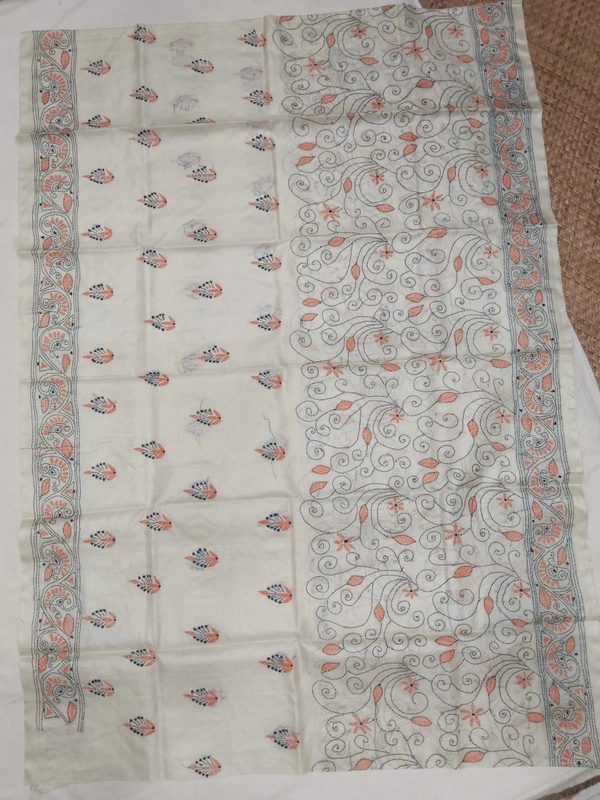 SKU0933 : Elegant Pure Tussar Saree – Handwoven | Kantha Stitch - Kantha Stitch, Dry Clean Only, Yes