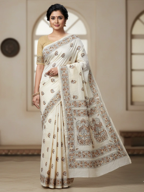 SKU0934 : Elegant Pure Tussar Saree – Handwoven | Kantha Stitch - Kantha Stitch, Dry Clean Only, Yes