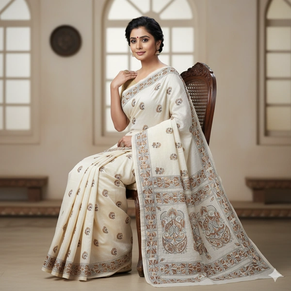 SKU0934 : Elegant Pure Tussar Saree – Handwoven | Kantha Stitch - Kantha Stitch, Dry Clean Only, Yes