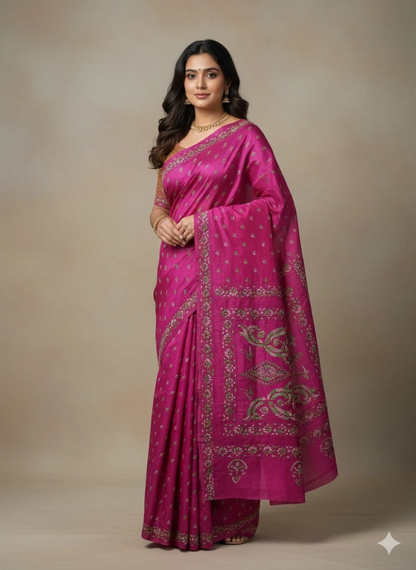 SKU0935 : Elegant Pure Silk Saree – Handwoven | Kantha Stitch - Kantha Stitch, Dry Clean Only, Yes