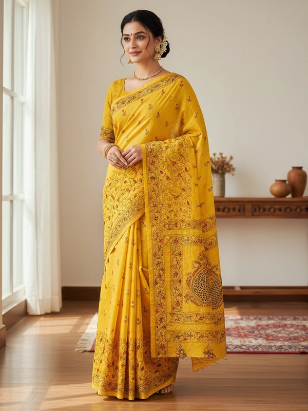 SKU0895 : Pure Silk Kantha Stitch Saree – Handcrafted Bengal - Kantha Stitch, Dry Clean Only, Yes