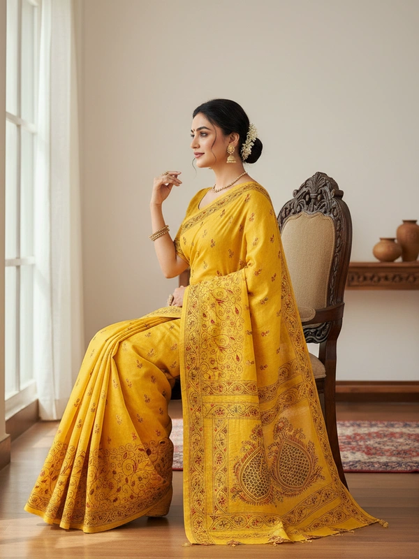 SKU0895 : Pure Silk Kantha Stitch Saree – Handcrafted Bengal - Kantha Stitch, Dry Clean Only, Yes