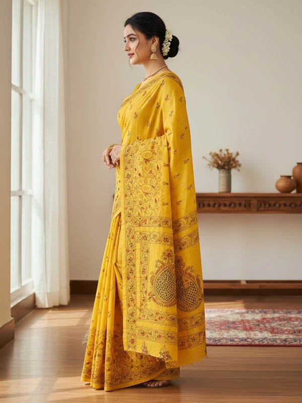 SKU0895 : Pure Silk Kantha Stitch Saree – Handcrafted Bengal - Kantha Stitch, Dry Clean Only, Yes