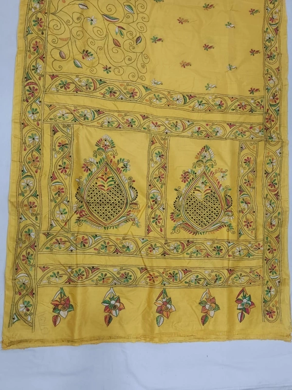 SKU0895 : Pure Silk Kantha Stitch Saree – Handcrafted Bengal - Kantha Stitch, Dry Clean Only, Yes