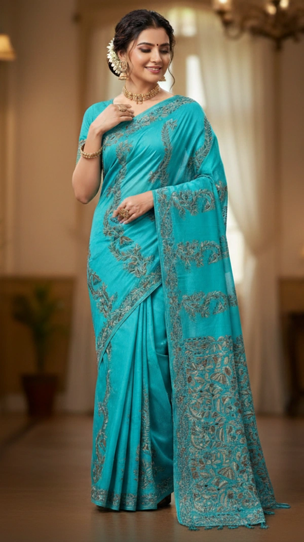 SKU0953 : Elegant Pure Tussar Saree | Kantha Stitch | Paddma Kantha - Kantha Stitch, Dry Wash Only, Yes