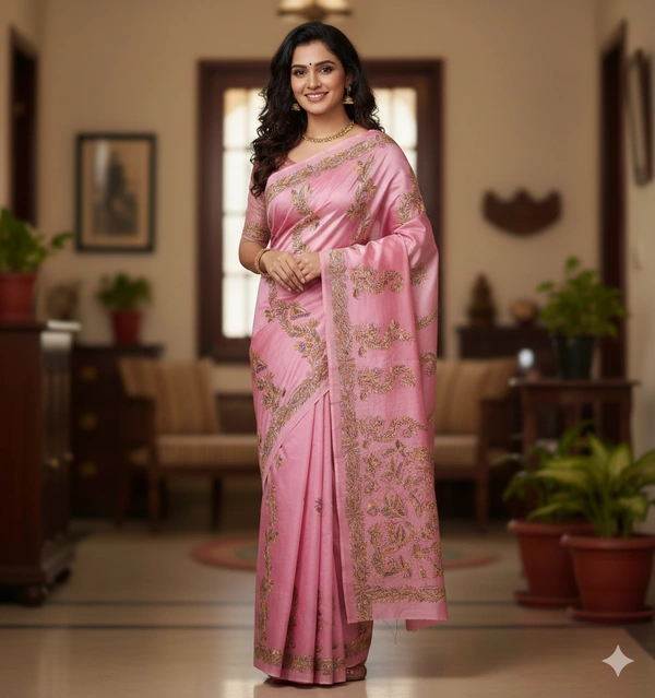 SKU0963 : Elegant Pure Tussar Saree | Kantha Stitch | Paddma Kantha - Kantha Stitch, Dry Wash Only, Yes