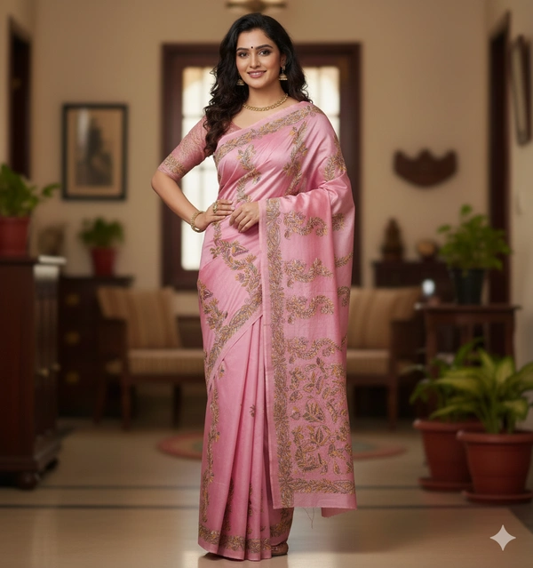 SKU0963 : Elegant Pure Tussar Saree | Kantha Stitch | Paddma Kantha - Kantha Stitch, Dry Wash Only, Yes