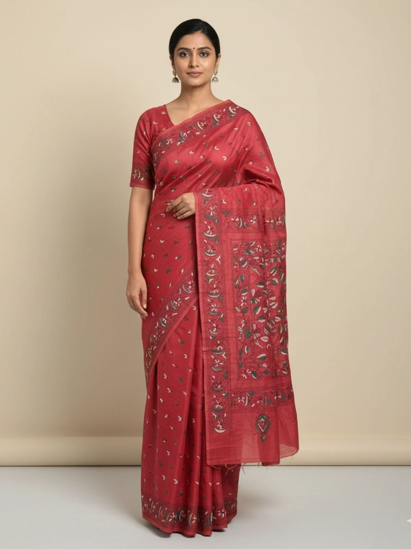 SKU0937 : Elegant Pure Silk Saree – Handwoven | Kantha Stitch - Kantha Stitch, Dry Clean Only, Yes
