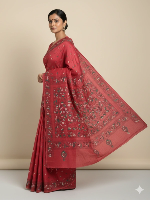 SKU0937 : Elegant Pure Silk Saree – Handwoven | Kantha Stitch - Kantha Stitch, Dry Clean Only, Yes