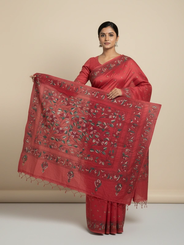 SKU0937 : Elegant Pure Silk Saree – Handwoven | Kantha Stitch - Kantha Stitch, Dry Clean Only, Yes
