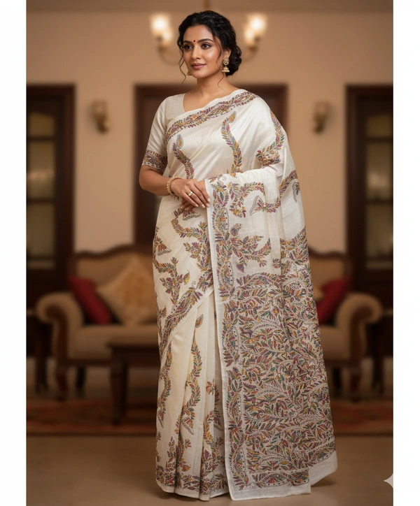 SKU0968 : Pure Silk Kantha Stitch Saree – Handcrafted Bengal - Kantha Stitch, Dry Clean Only, Yes