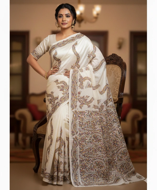 SKU0968 : Pure Silk Kantha Stitch Saree – Handcrafted Bengal - Kantha Stitch, Dry Clean Only, Yes