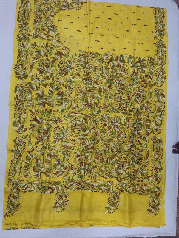 SKU0966 : Pure Silk Kantha Stitch Saree – Handcrafted Bengal - Kantha Stitch, Dry Clean Only, Yes