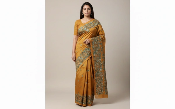 SKU0954 : Elegant Pure Silk Saree – Kantha Stitch  - Kantha Stitch, Dry Clean Only, Yes