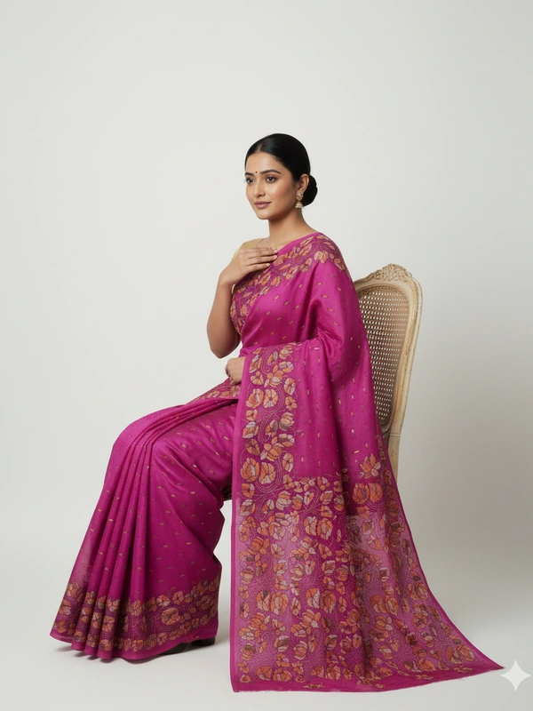 SKU0939 : Elegant Pure Silk Saree – Handwoven | Kantha Stitch - Kantha Stitch, Dry Clean Only, Yes