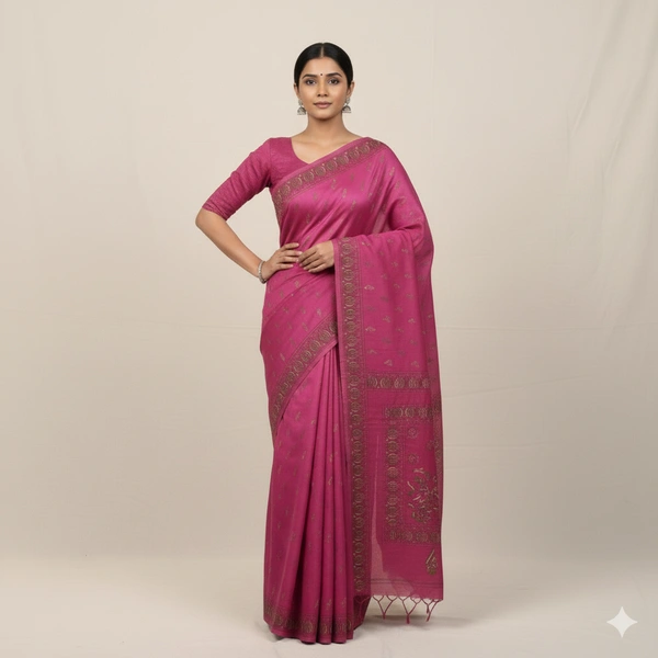 SKU0897 : Pure Silk Kantha Stitch Saree – Handcrafted Bengal - Kantha Stitch, Dry Clean Only, Yes