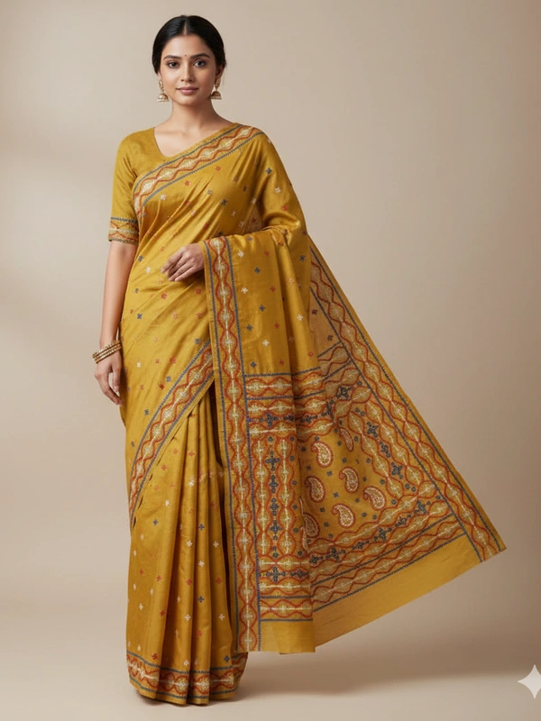 SKU0949 : Elegant Pure Silk Saree – Kantha Stitch | Parsi  work  - Kantha Stitch, Dry Clean Only, Yes