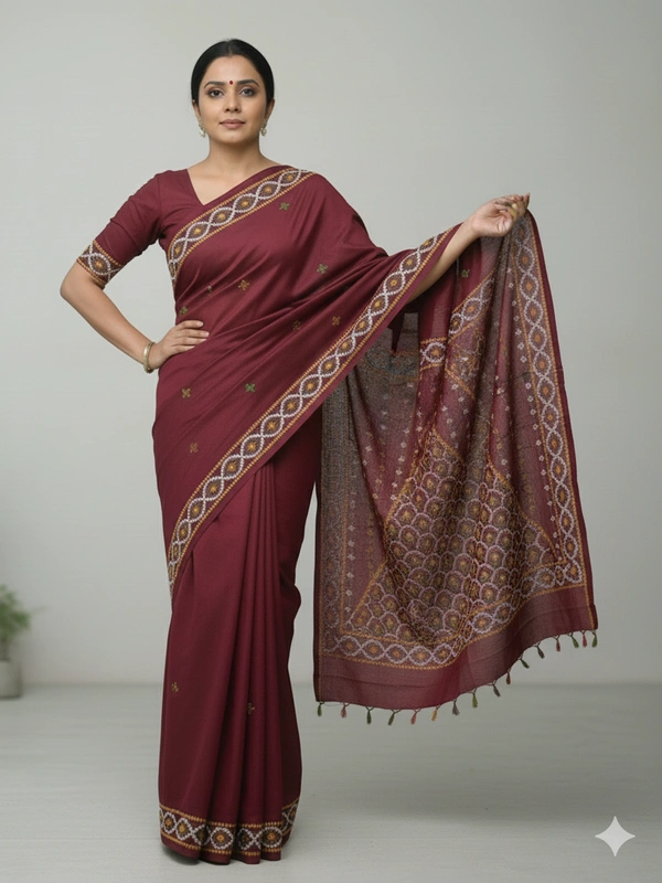 SKU0951 : Elegant Pure Silk Saree – Kantha Stitch | Parsi work - Kantha Stitch, Dry Clean Only, Yes