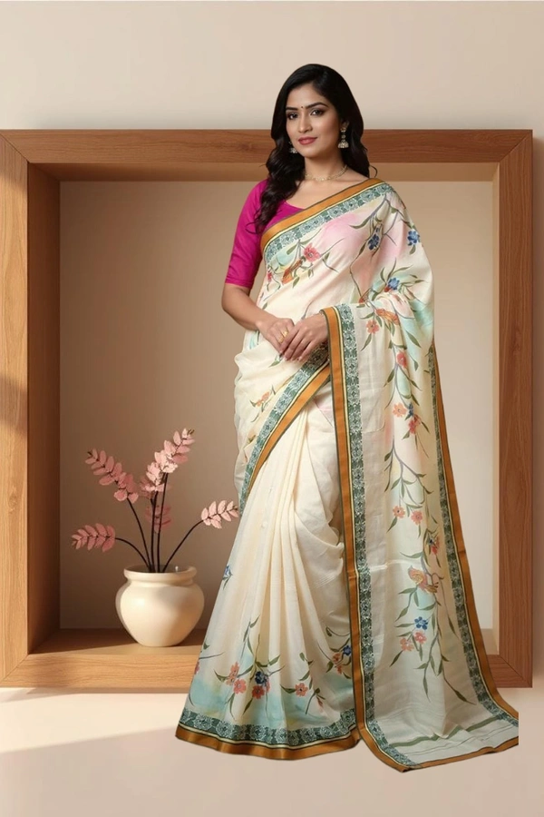 SKU-0222 : Pure  Cotton Saree – Handwoven, Lightweight & Breathable Fabric | Dhnekhali - White, Floral, Dry Clean Only, No